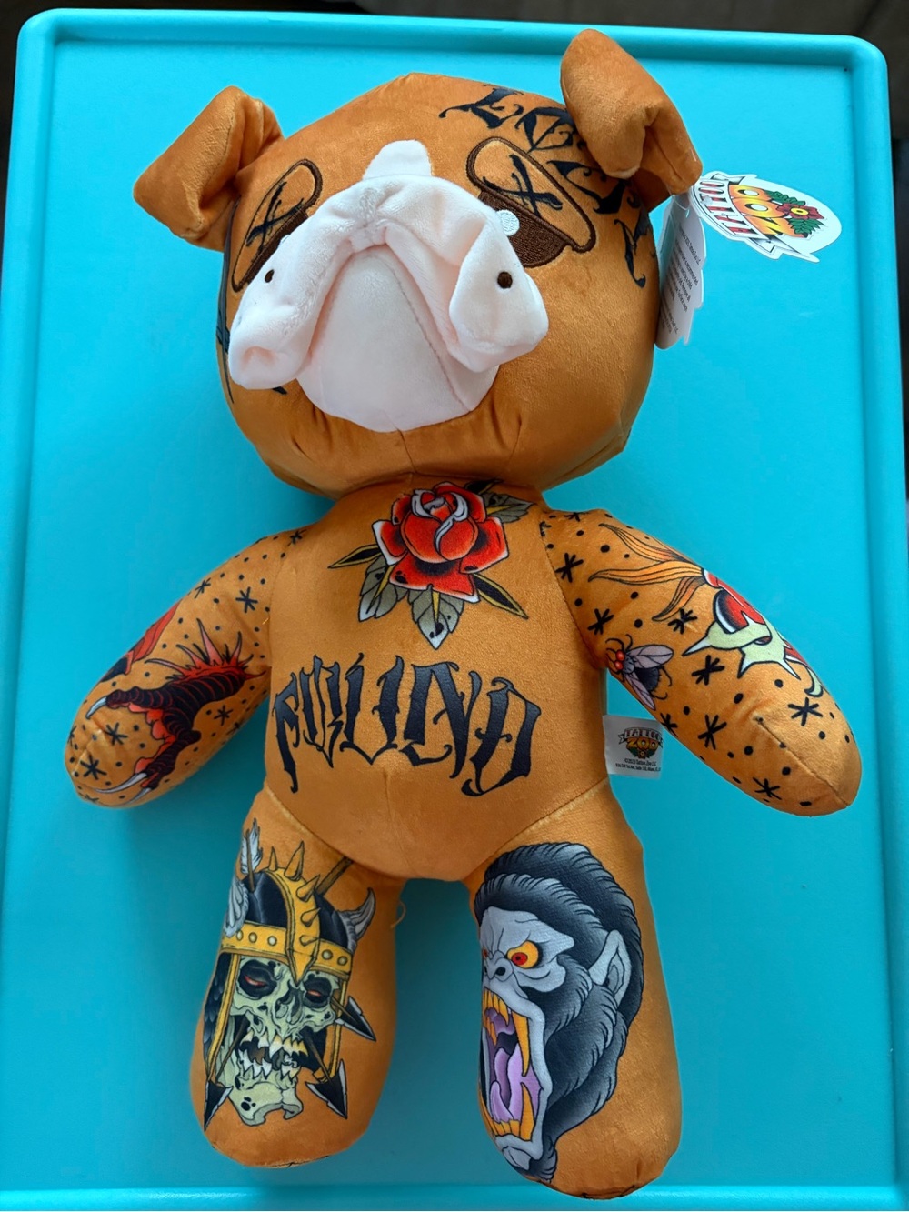 Tattoo-Style Plush Bulldog in Burnt Orange